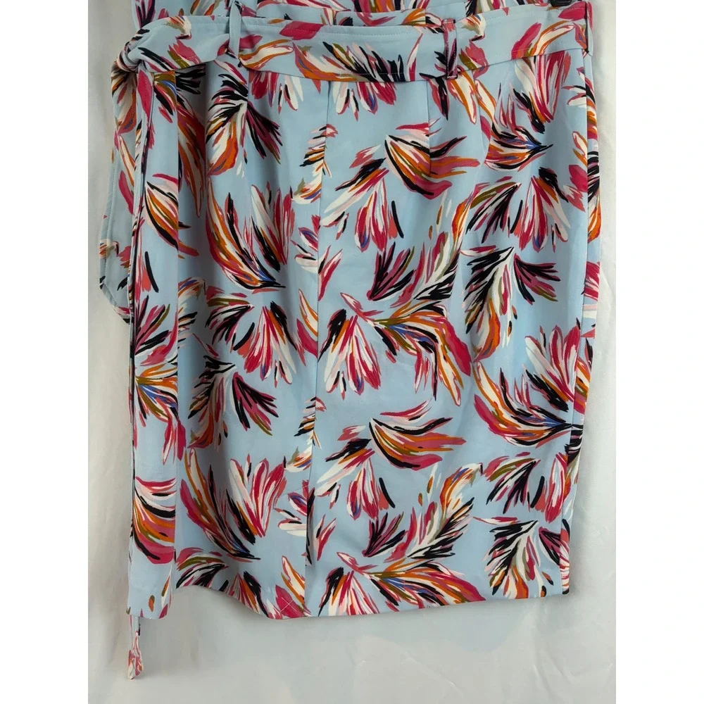 Floral Print Pencil Skirt Light Blue Pink High Waist Tie Belt Mid-Length Size 22